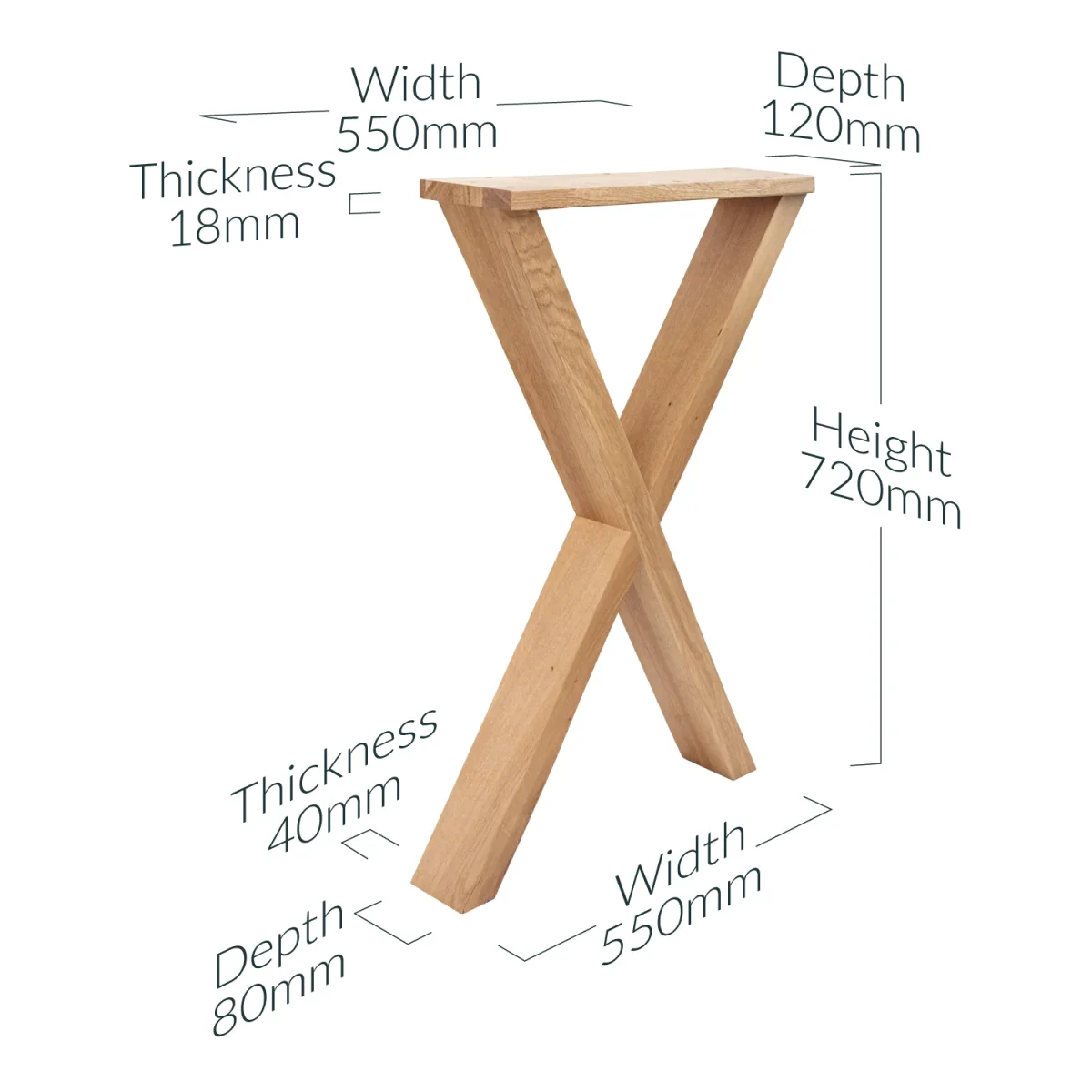 80mm Solid Oak Wooden X Legs 720mm high x 550mm deep (set of 2) Desk & Table Legs - Image 5